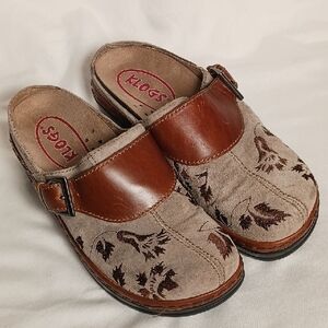 KLOGS Gray Suede with Brown Embroidery Clogs Mules